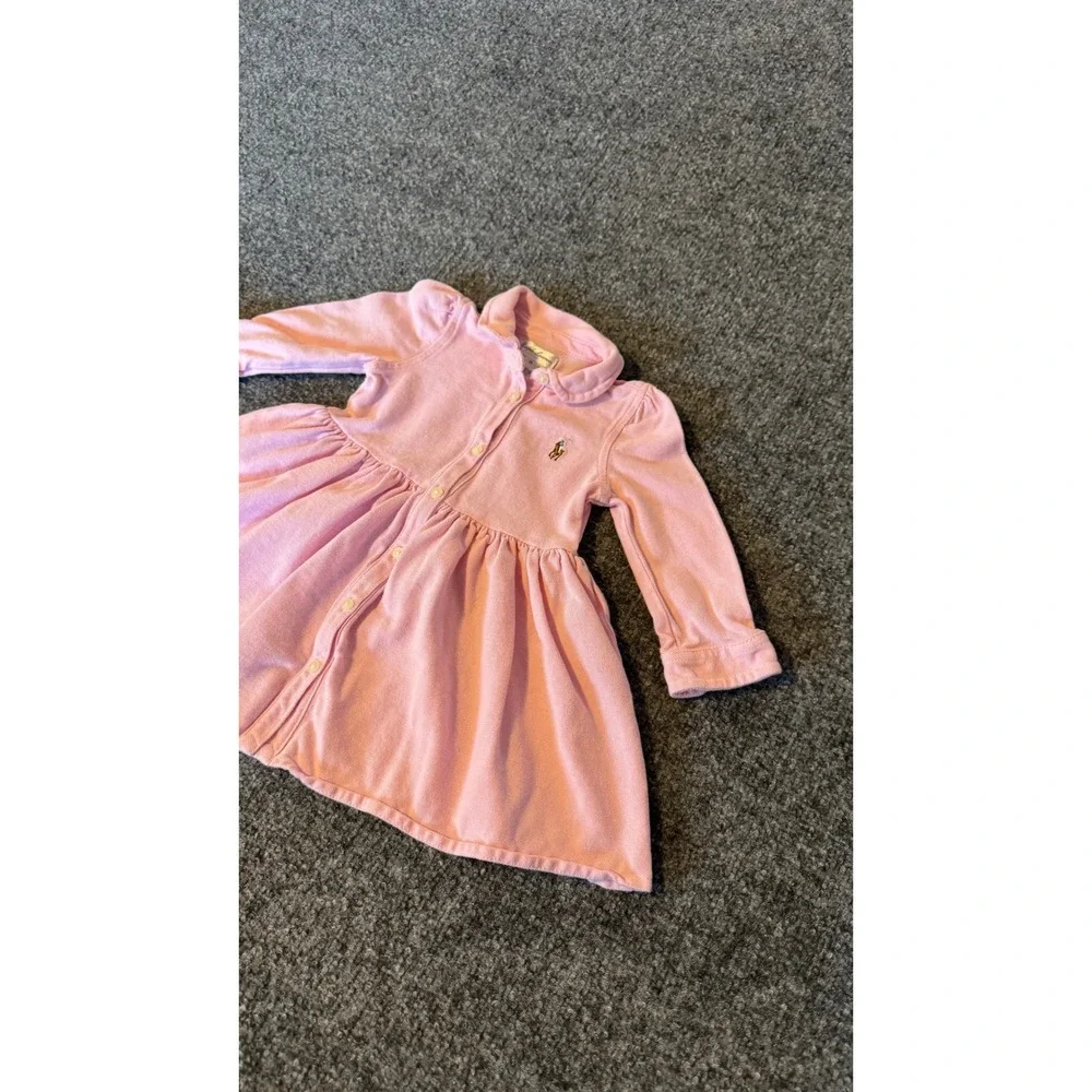 Ralph Lauren Baby Girls Pink Cotton Pique Polo Button Front Dress 9M Long Sleeve